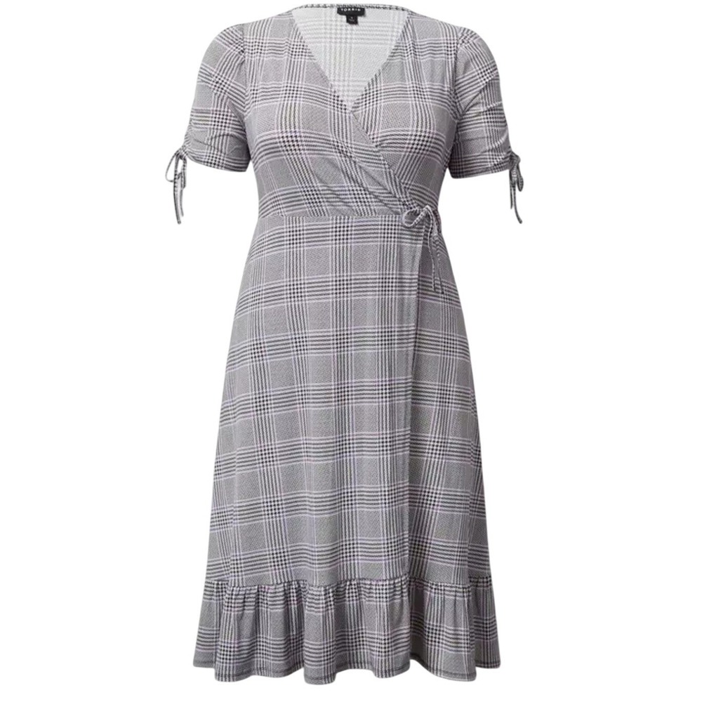 Torrid Plaid Faux Wrap Midi Dress Black White Purple Ruffle Hem Plus Size 2 NWOT